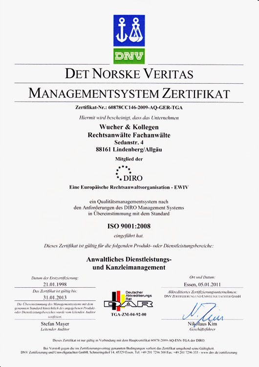 Zertifizierungsurkunde ISO 9001:2008